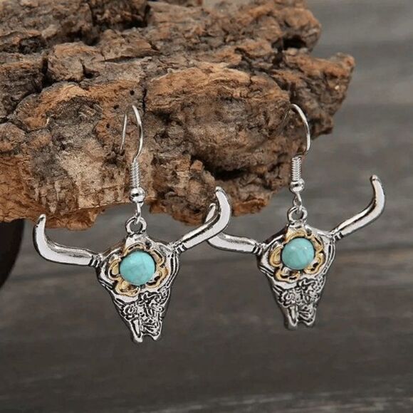 Western Cowboy Turquoise Longhorn Bull Steer Head Dangle Earrings - Picture 5 of 5